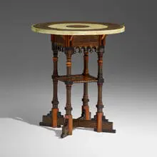 Occasional table by Carlo Bugatti, c. 1890, vellum over wood, ebonized wood, mahogany, copper, white metal inlay, bone, sold Dec 2023