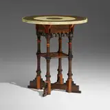 Carlo Bugatti, Occasional table, c. 1890, vellum over wood, ebonized wood, mahogany, copper, white metal inlay, bone