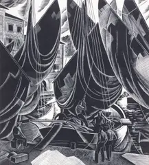 Drying Sails, Lake Garda by Iain Macnab, woodcut, sold Jun 2015