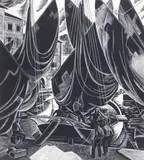 Iain Macnab, Drying Sails, Lake Garda, woodcut