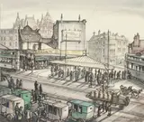 The Tram Queue, Leeds by Edgar Owen Jennings, pen, ink and watercolour, sold Jun 2015