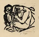 Max Beckmann, Mann mit Brille und sich kämmende nackte Frau, 1927, Holzschnitt auf Japan