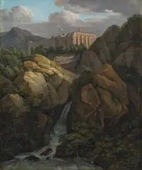Jacob Wilhelm Mechau, Das Kloster Santa Scholastica bei Subiaco, Um 1790, Öl auf Leinwand. Doubliert