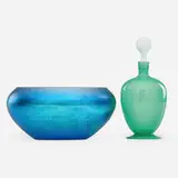 Blue Aurene bowl and Green Jade bottle by Alexander Joseph von Steuben, sold Sep 2018