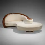 Custom sofa by Vladimir Kagan Design Group, c. 2018, wool upholstery, walnut, sold Dec 2023