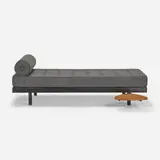SCAL daybed, No. 450 by Jean Prouvé and Charlotte Perriand, c. 1950, upholstery, enameled steel, oak, sold Dec 2023