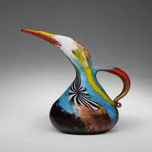Oriente ewer by Dino Martens, 1954, internally decorated polychrome patchwork glass with copper inclusions, pinwheel and filigrana, sold Dec 2023