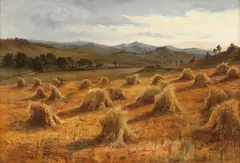 A harvest landscape by Jane E Spindler, oil on canvas, sold Feb 2015