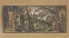 Szene mit Badenden und Reitern by Ludwig von Hofmann, Kohle, Gouache und Deckweiß auf Papier, sold Mar 2023