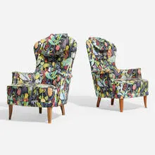 Farmor lounge chairs, pair by Carl Malmsten, 1956, upholstery, birch, sold Nov 2023