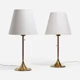 Table lamps model B-024, pair by Alf Svensson and Yngvar Sandström, c. 1965, brass, leather, linen shades, sold Nov 2023
