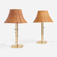 Bergboms, Adjustable table lamps model B131, pair, brass, cane