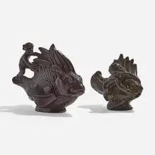 Putti and fish figurines, set of two by Just Andersen, c. 1940 / 1952, Disko metal, sold Nov 2023