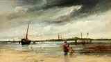 Frederick Charles Underhill, Figures and vessel on a beach, oil on panel