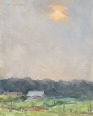 Landschaft mit Häusern by Lotte Laserstein, Um 1950, Öl auf Hartfaser, sold Nov 2019