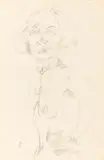 Jeanne Mammen, Stehender weiblicher Halbakt mit Perlenkette, linke Hand in Hüfte gestützt, von links, Um 1930, Bleistift auf Papier