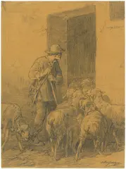 An der Stalltür by Charles Jacque, Um 1876, Bleistift auf bräunlichem Papier, auf leichten, graublauen Karton aufgezogen, sold Oct 2018