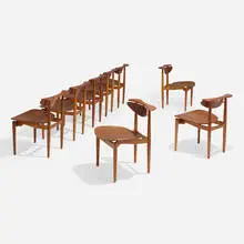 Finn Juhl, Reading chairs model BO62, set of eight, 1953, teak plywood, oak, chromium-plated steel, brass