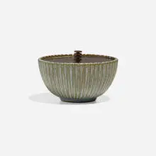 Lidded bowl by Arne Bang, c. 1940, glazed stoneware, bronze, sold Nov 2023