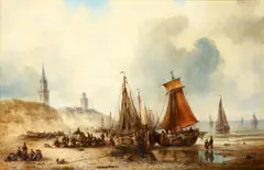 Ludwig Hermann, Fishing boats unloading on the shore, oil on canvas