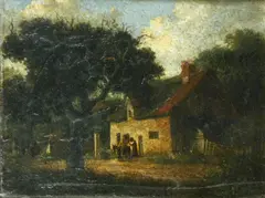 Figures and donkey before a cottage in a landscape by John Crome, oil on copper,, sold Sep 2015