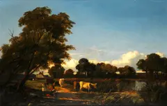 Miles Edmund Cotman, Figures and cattle by a pond, a cottage beyond, oil on canvas