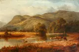 Cattle watering by a river, a harvesting scene beyond by Junior Thomas Whittle, oil on canvas, sold Sep 2015