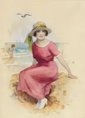 A bathing belle by Oscar Wilson, watercolour heightened with white, sold Sep 2015
