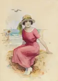 A bathing belle by Oscar Wilson, watercolour heightened with white, sold Sep 2015