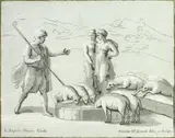 Antonio Maria, Figures and sheep at a well, woodcut engraving,