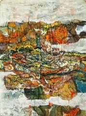 Leslie Hurry, Landscape, White & Shapes, to be sold together with two further oil on board 'Abstract Compositions' by the same hand