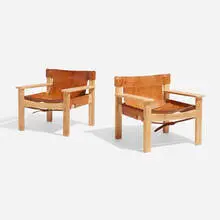 Natura lounge chairs, pair by Karin Mobring, 1977, pine, leather, sold Nov 2023