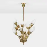 Chandelier by Fog & Mørup, c. 1955, brass, frosted glass, sold Nov 2023