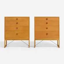 Cabinets, pair by Børge Mogensen, c. 1955, oak, teak, enameled steel, sold Nov 2023