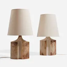 Table lamps, pair by Haico Nitzsche, c. 1970, glazed stoneware, linen shades, Bakelite, brass, sold Nov 2023