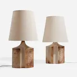Table lamps, pair by Haico Nitzsche, c. 1970, glazed stoneware, linen shades, Bakelite, brass, sold Nov 2023