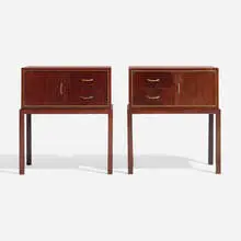 Nightstands, pair by Ernst Kühn, c. 1955, mahogany, brass, sold Nov 2023