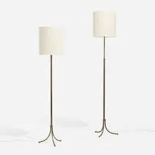 Adjustable floor lamps model 2326, pair by Josef Frank, 1934, brass, linen shades, wood, sold Nov 2023
