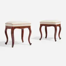 Stools, pair by attribution Frits Henningsen, c. 1945, mahogany, upholstery, leather, sold Nov 2023