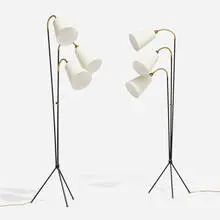 Floor lamps, pair by Ajh, c. 1950, enameled steel, brass, linen, sold Nov 2023