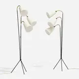 Ajh, Floor lamps, pair, c. 1950, enameled steel, brass, linen