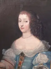 Portrait of a lady, in blue dress and pearl necklace and earrings by John Michael Wright, oil on canvas, sold Sep 2015