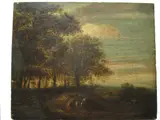 Travellers in a wooded landscape by Dutch School, oil on panel, sold Sep 2015