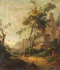 Jean-Baptiste Pillement, Figures on a track by a Classical urn, oil on metal