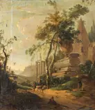 Figures on a track by a Classical urn by Jean-Baptiste Pillement, oil on metal, sold Sep 2015