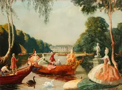 Baroque figures on a boating lake by Anna Zinkeisen, sold Sep 2015