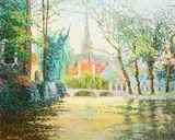 River Scene with Distant Church Tower by Jean Jacques Gauvrit, oil on canvas, sold Sep 2015