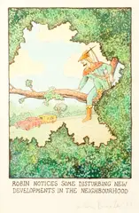 'Robin notices some disturbing new developments in the neighbourhood' by Glen Baxter, sold Sep 2015