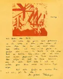 Schiffe und Sonne 3 by Lyonel Feininger, 1918, Holzschnitt in Rot (als Briefkopf) auf dünnem gelben Japan. Handschriftlicher, ehemals zweifach gefalteter Brief des Kün, sold May 2008