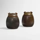 Lidded tobacco jars, pair by Erik Rahr, c. 1930, glazed stoneware, sold Nov 2023